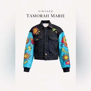 Vintage Tamorah Marie Leather Sleeve Denim Jacket Celestial Art Studded Medium.
